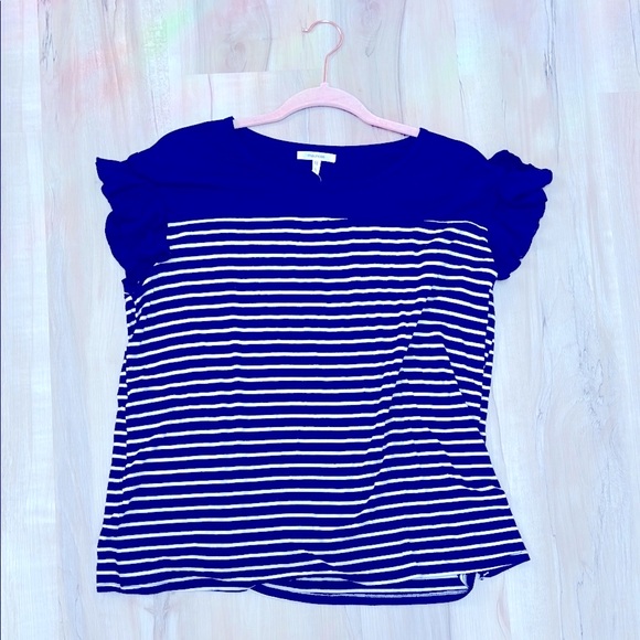 Woman’s Navy Striped Ruffle Sleeve Top - Picture 1 of 4